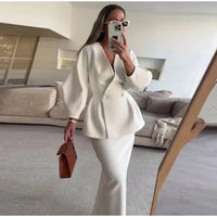 Elegant Puff Sleeve Slim Fit High Waist Women Coat Skirt Sets Fashion V Neck Solid Button Lady 2 Piece Set 2024 Chic Street Wear