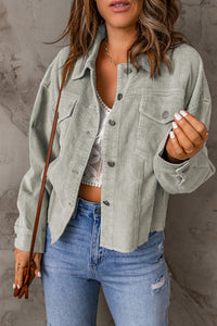 Sky Blue Raw Hem Flap Pockets Cropped Corduroy Jacket