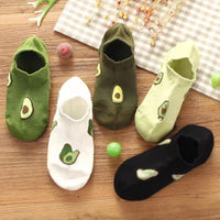 5 Pairs Avocado Crew Ankle Socks Cartoon Fresh Fashion Breathable Summer And Autumn Kawaii Comforts Women's Low Cut Boat Socks