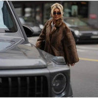 Women's Dark Brown Faux Fur Warm Long Coat Single Breasted Oversized Thickened Overcoat Winter Fluffy Plush Female Outerwear