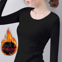 2024 O Neck Long Sleeve Shirt Women Bottoming Cropped Tops Black Casual  Slim Basic Velvet Heating Fiber Thermal T-Shirts 2024