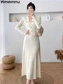 Pleated Knitted Dress Bottoming Sweater Dresses Fake Two Pieces Women Vintage Elegant Long Sleeve Fall Casual Slim Midi Vestidos