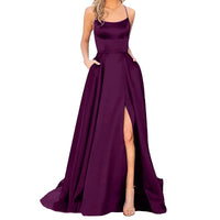 Solid Fit And Flare Women Prom Dresses Ladies Long Lady Elegant Backless Long Dresses Side Slit Wedding Evening Party Dress