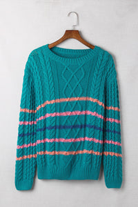 Green Striped Color Block Textured Knit Pullover Sweater