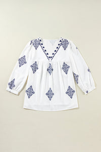 White Boho Geometric Print Bracelet Sleeve V Neck Blouse