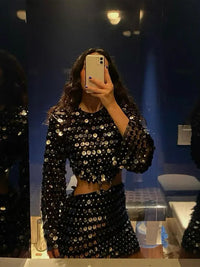 Women Fashion Glitter Sequins Hollow Out Mini Dress Elegant Round Neck Long Sleeves Short Dresses 2024 Female Chic Party Outfit