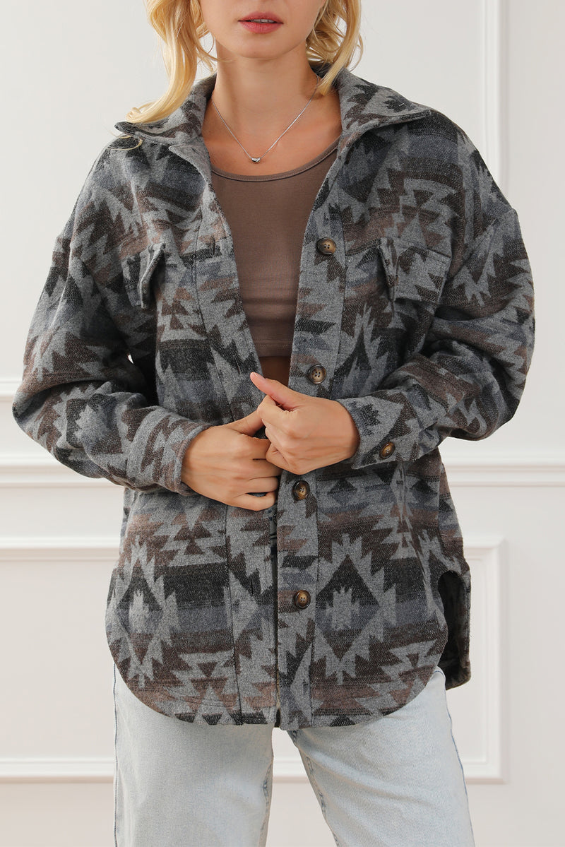 Gray Western Aztec Print Drop Shoulder Casual Shacket