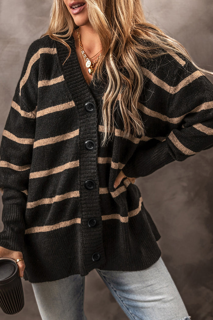 Black Stripe Buttoned V Neck Drop Shoulder Loose Cardigan