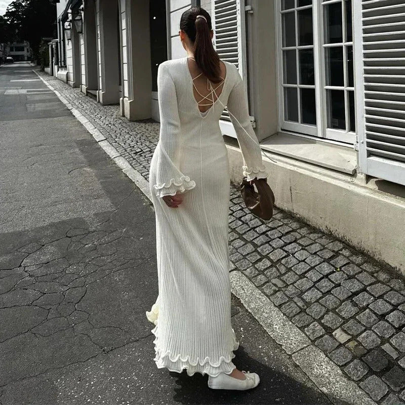 Elegant Solid Ruffles Knitted Dress For Women Loose O Neck Long Trumpet Sleeve Maxi Dresses 2024 New Female White Knitwear