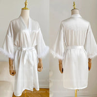 White Bride Wedding Robe with Feathers Women Satin Peignoir Sexy Bridesmids Kimono Gowns Short Bathrobe Bridal Intimate Lingerie