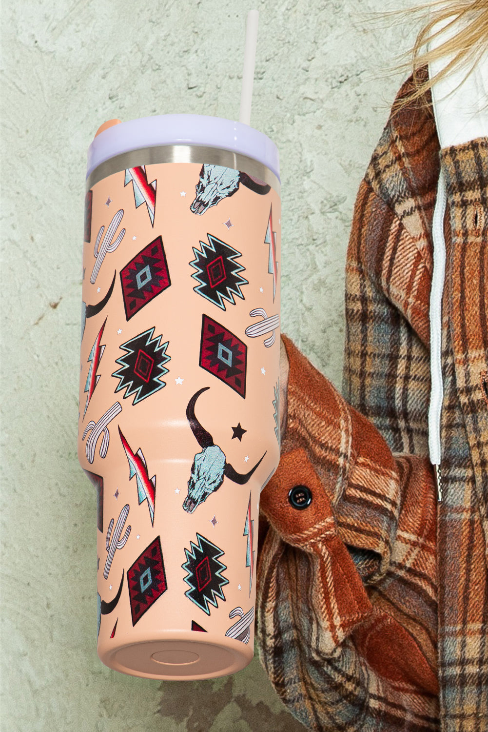 Apricot Pink Western Aztec Steer Head Stainless Tumbler