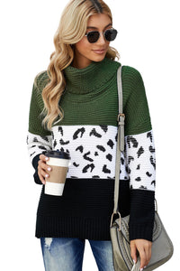 Green Turtleneck Splicing Chunky Knit Pullover Sweater