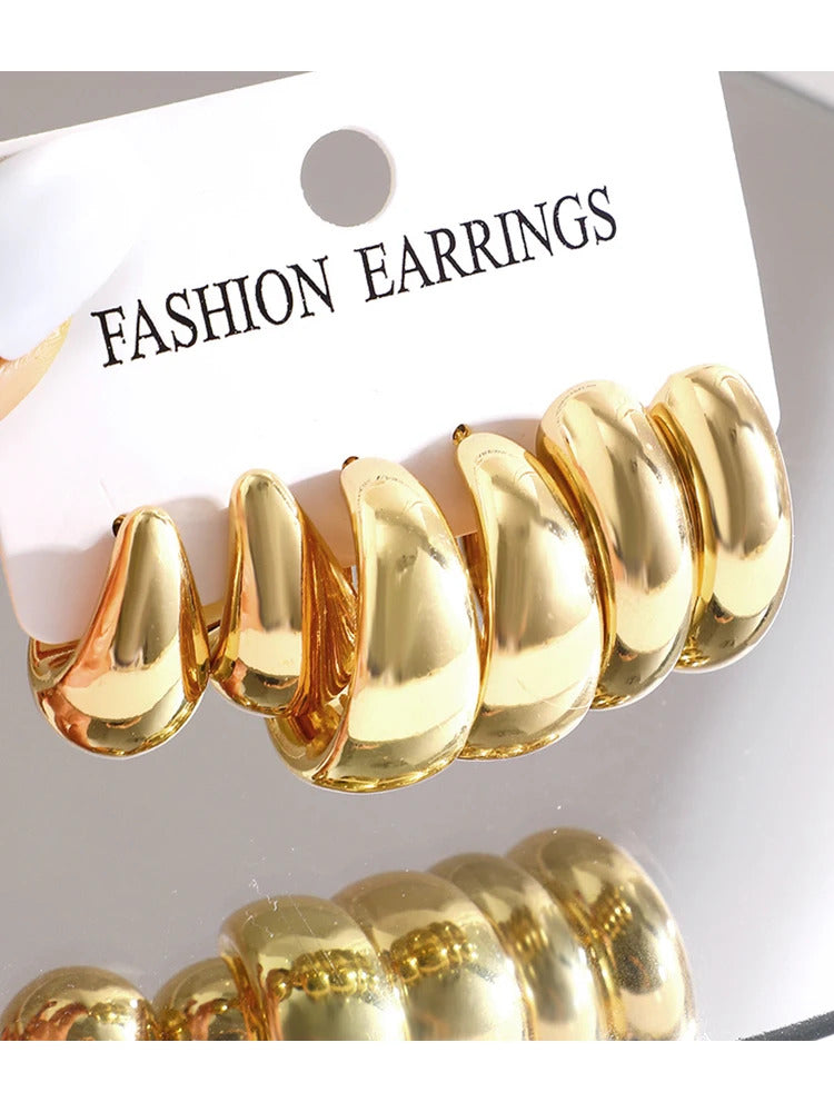 12pcs/Set Classic Fashion Twist C Shape Tear Drop Design Women's Gold-Color Earrings For Daily Workplace And Party Outfits 2024