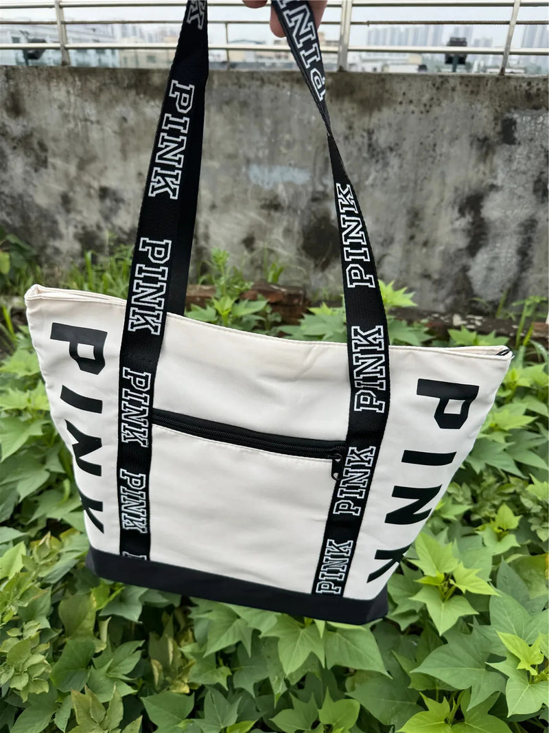 Sports Fitness Tote Bag Nylon Fabric Bags Women Handbag Pink Letter Graphic Tote Handbags Woman Shoulder Bags Casual