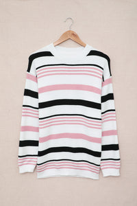 Pink Striped Crewneck Long Sleeve Sweater