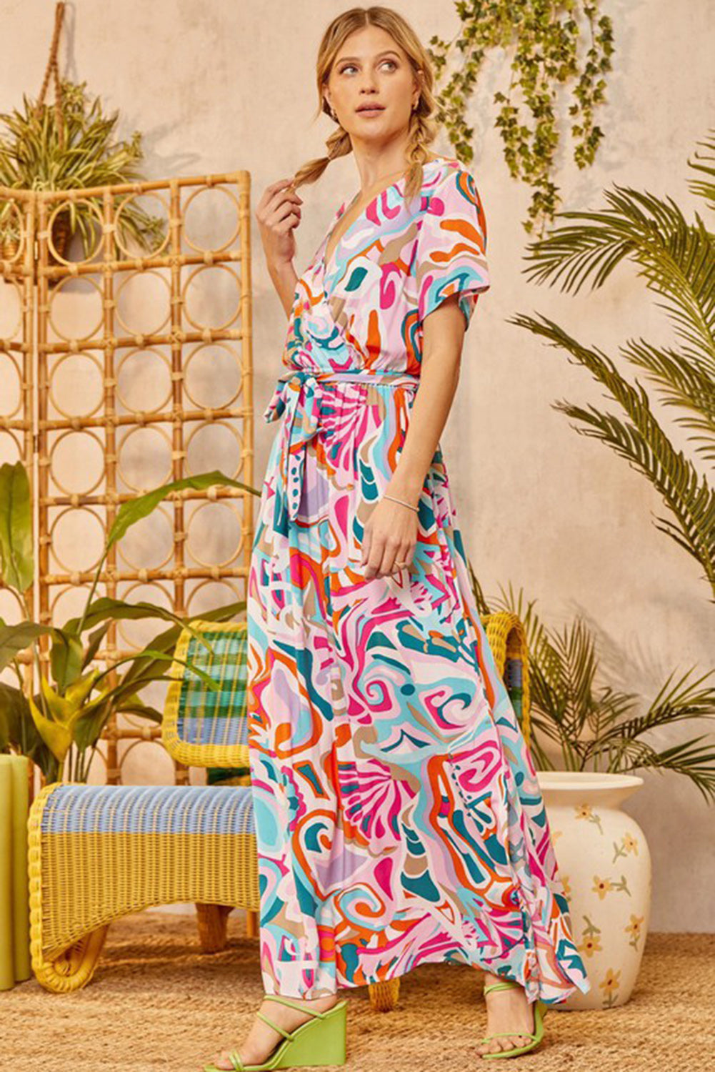 Women's Abstract Printed Wrap V Neck Belted Maxi Dress