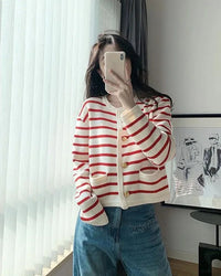 Women Stripe Knitted Cardigans Spring Autumn O-neck Single Breasted Long Sleeve Crop Tops Fashion Casual Chic Female Sweaters