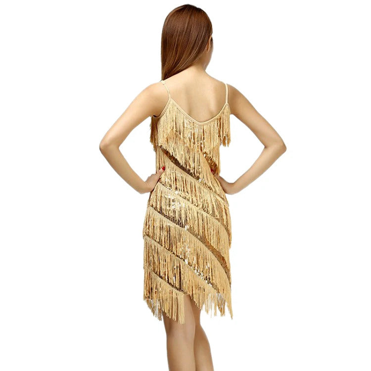 Women Sexy Tassel  Latin Dress Tiered Fringe Flapper Dress Evening Nightclub Dancing Fancy Costumes C-Neck Sequin Dress