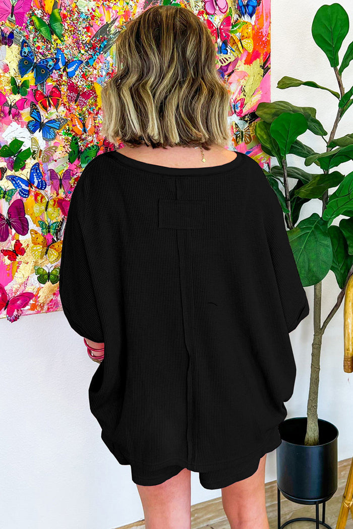 Black Waffle Knit Oversize Tee and Shorts Set