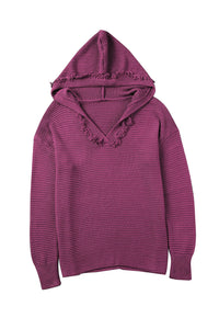 V Neck Ribbed Drop Shoulder Hooded Sweater