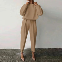 Loose Solid Top Pants Set Women Casual O-neck Full Sleeve Pullover Pleated Long Trousers 2025 New Female Chic 2 Piece Outfits