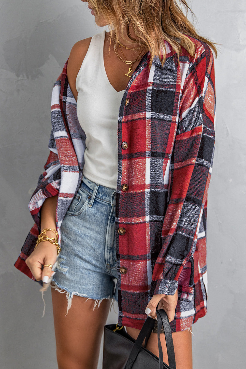 Fiery Red Plaid Print Buttoned Shirt Jacket