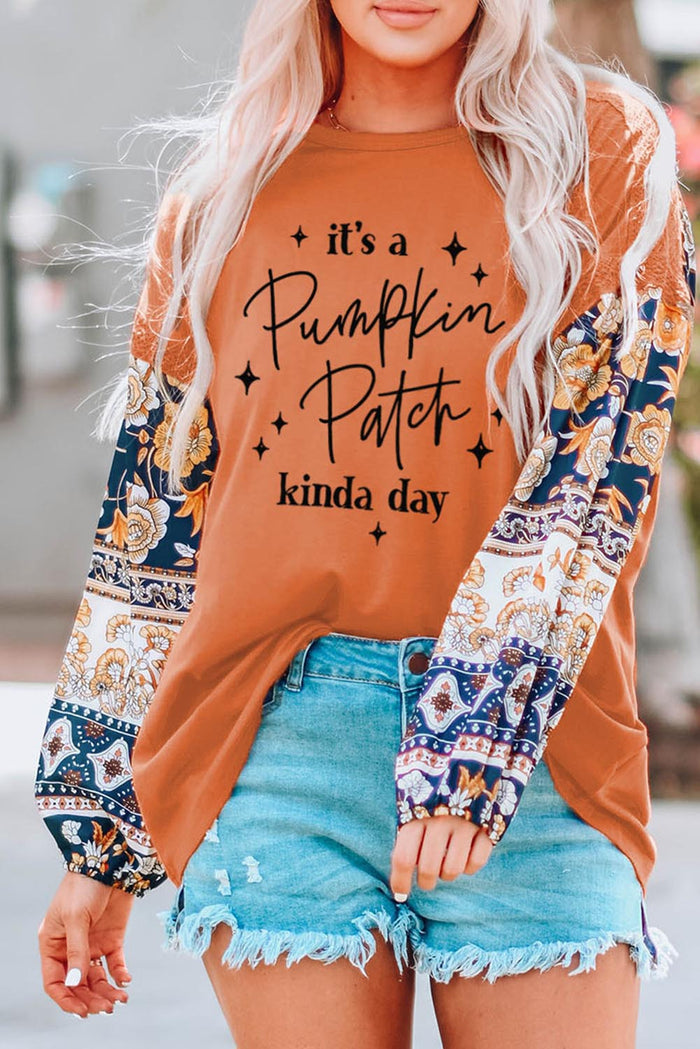 Brown Pumpkin Patch Floral Patch Long Sleeve Graphic Tee