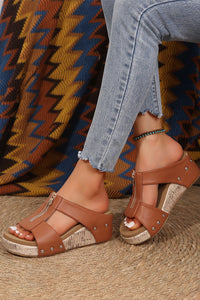 Camel Hollow Out Zipped Studded Wedge Slippers