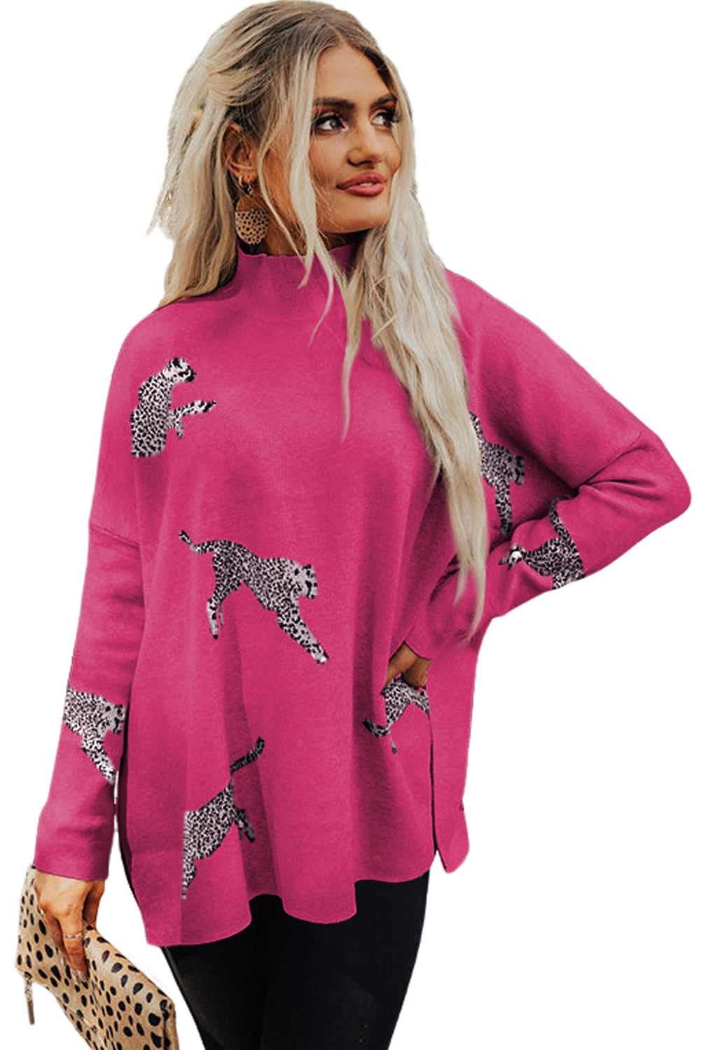 Rose Red Lively Cheetah Print High Neck Split Hem Sweater