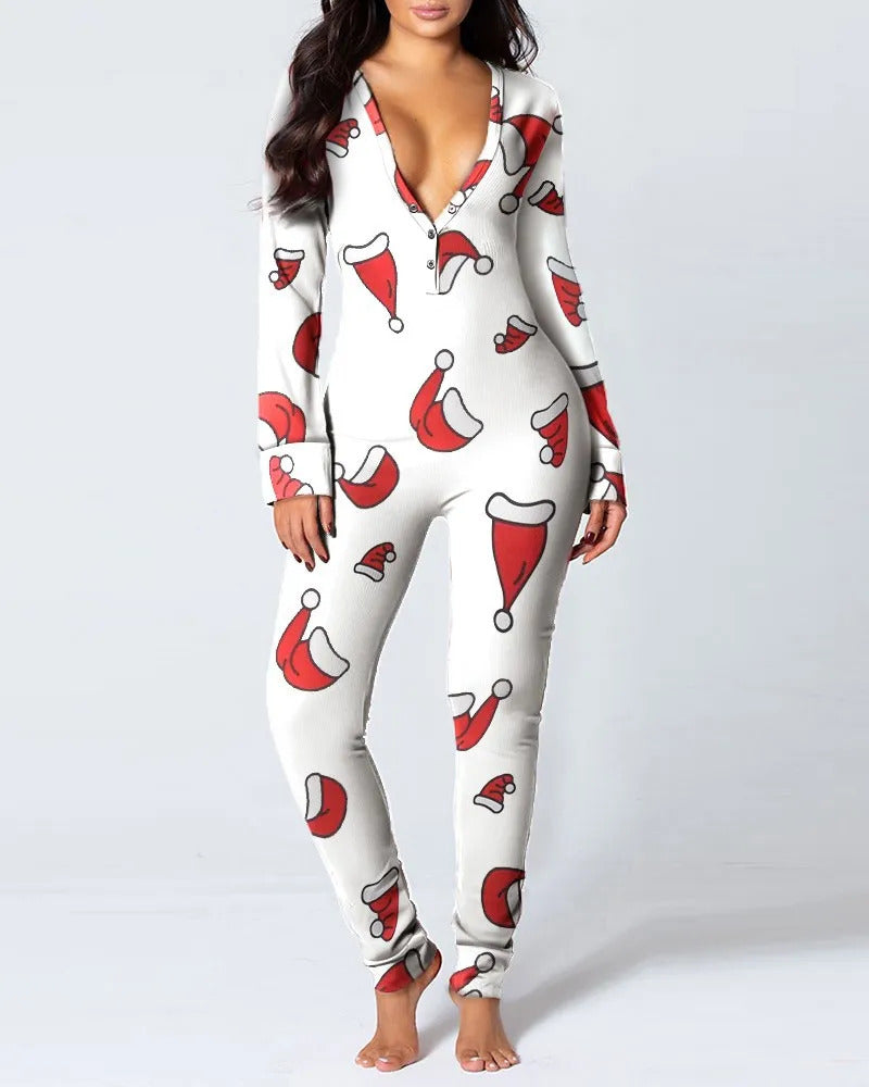 Sexy Pyjama Women's Jumpsuit Suit Button-down Front Back Butt Bum open Ass Flap Jumpsuit Loungewear Christmas Print Buttoned