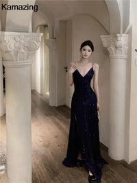 Elegant V-neck Sequin Graduation Dresses Women's Sexy Backless Split Bandage Runway Robe Summer Luxury Formal Occasion Clothes