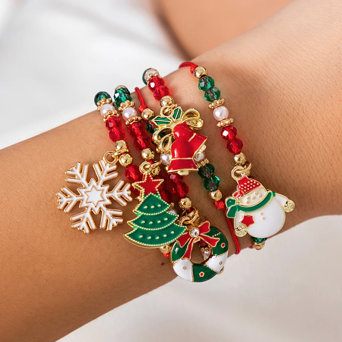 KunJoe 5pcs/set Cute Christmas Series Snowflake Tree Pendant Crystal Bracelet Women CCB Beads Adjustable Thread Rope Bracelet