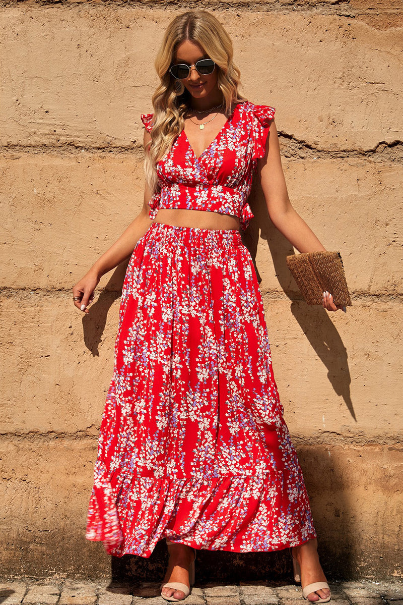 Women's Floral Ruffled Crop Top and Maxi Skirt Set for Fashionable and Fresh Style