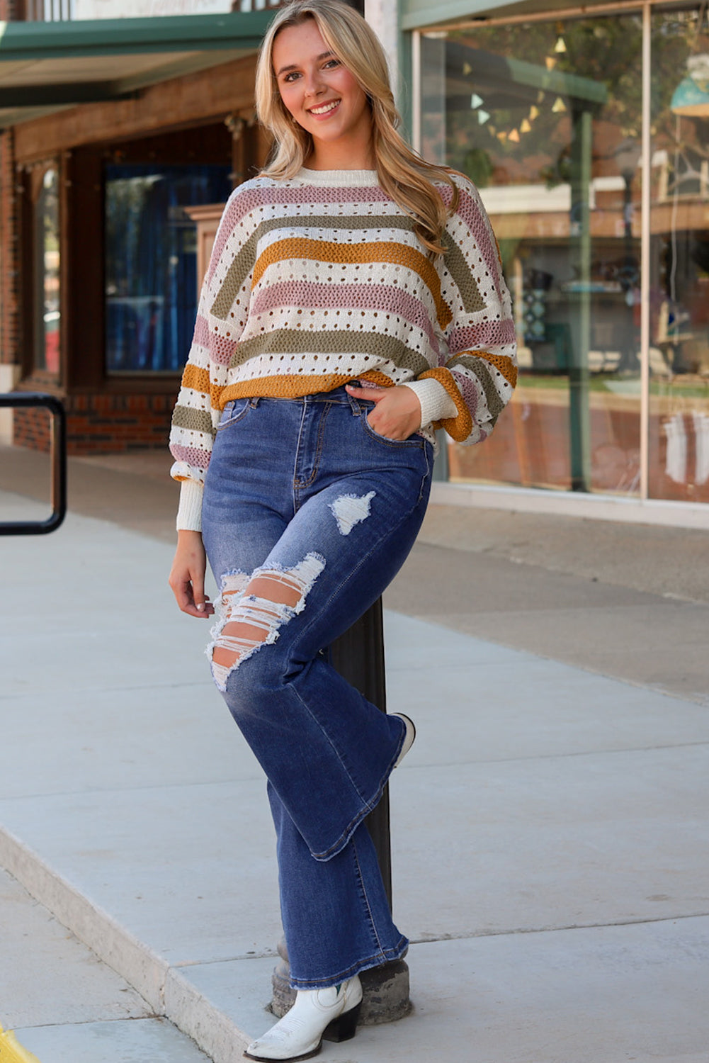 Tan Striped Hollowed Knitted Loose Sweater