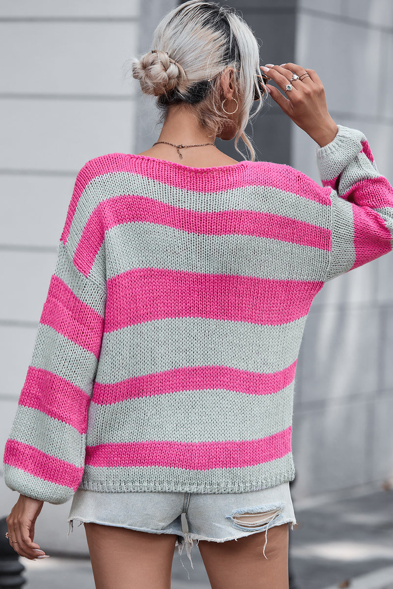 Green Striped Colorblock Knit V Neck Loose Fit Sweater