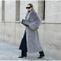 Winter New Women's Plush Faux Fur Overcoat Fashion Long Sleeved Warm Turn-down Collar Cardigan High Street Loose Outerwear 2024