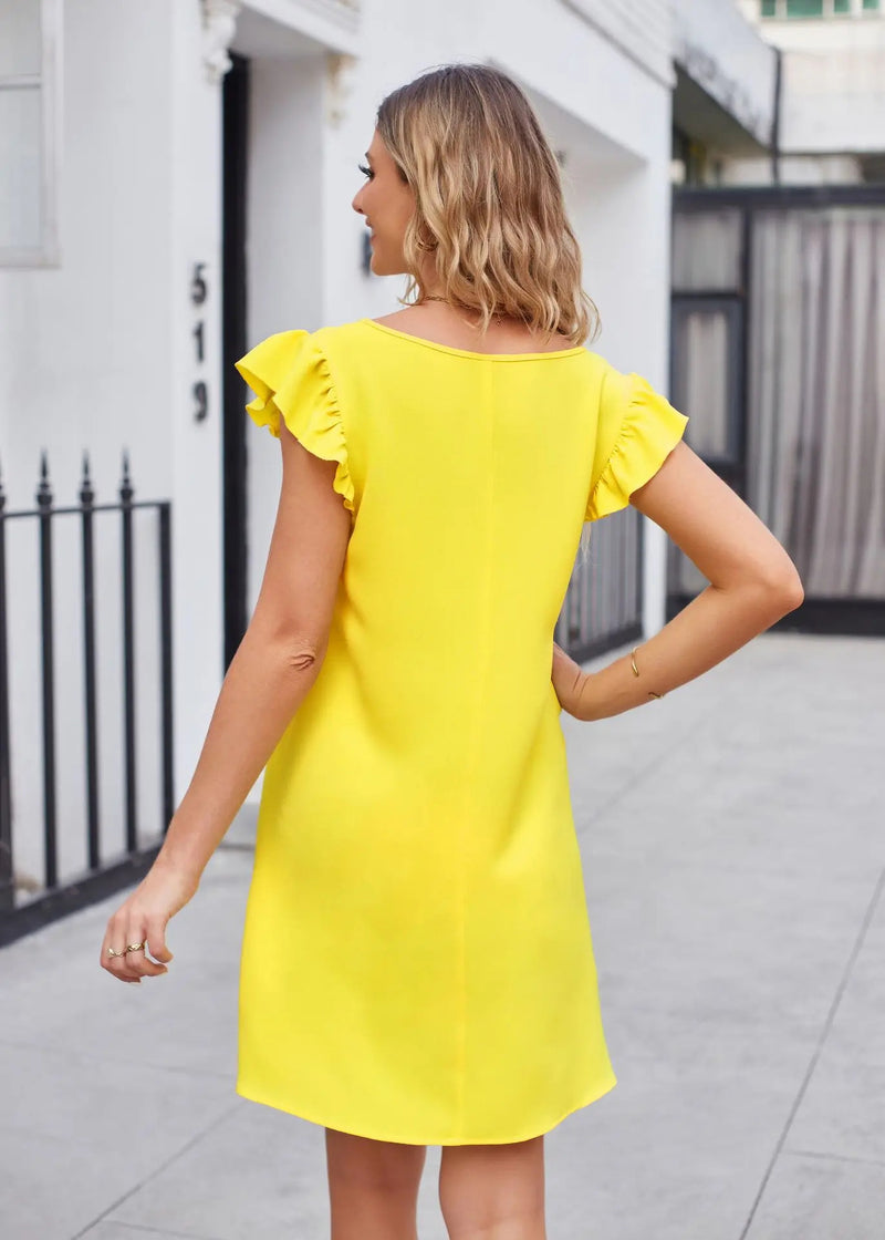 Summer Women's New Product V-neck Bubble Sleeves Loose Fashion Dress Female Yellow Solid A-Line Mini Dress Femme Robe Streetwear