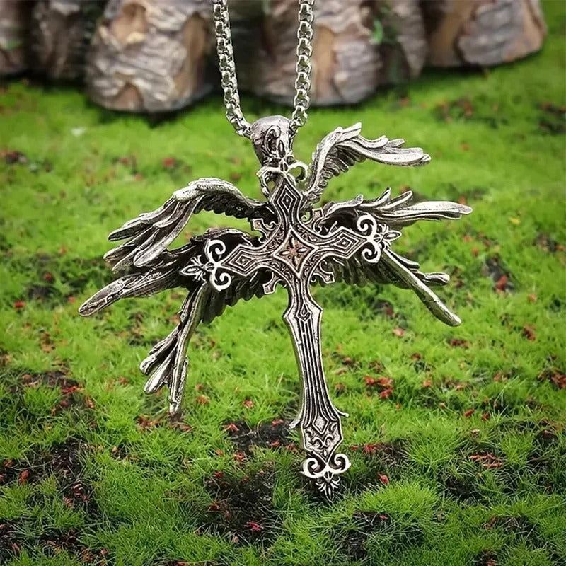 Classic Retro Angel Wings Cross Pendant Necklace Men Women Fashion Punk Adventure Travel Lucky Amulet Accessories Gift