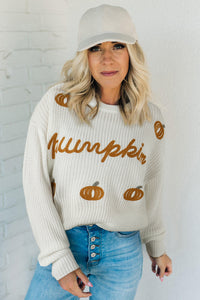 White Pumpkin Yarn Stitch Ribbed Knit Sweater