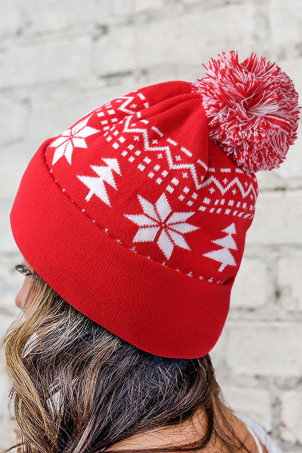 Fiery Red Christmas Geometry Pompom Cuffed Beanie Hat