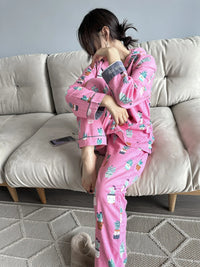 100% Cotton Pajamas for Women Loose Cartoon Long Sleeve Pants Loungewear Women 2 Piece Set Pj Women Outfit Sleepwear Set Pijamas