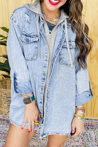 Mist Blue Oversized Contrast Hooded Denim Jacket