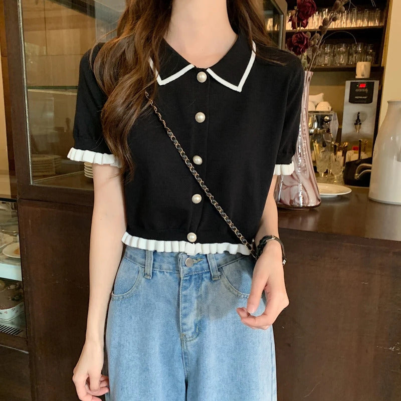 Sweet Women Shirt Korean Knitted Turn Down Collar Chic Short Sleeve Female Blouse Summer Retro Slim All Match Ladies Crop Tops