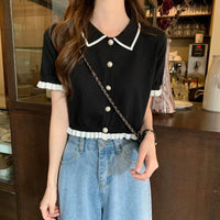 Sweet Women Shirt Korean Knitted Turn Down Collar Chic Short Sleeve Female Blouse Summer Retro Slim All Match Ladies Crop Tops