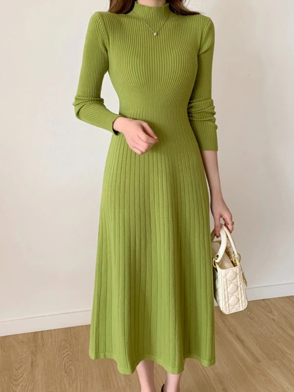 Autumn Winter 2023 Slim Long Sleeve Party Midi Dress for Women Knitted Half High Collar Elegant Knitted Sweater Dresses Ladies