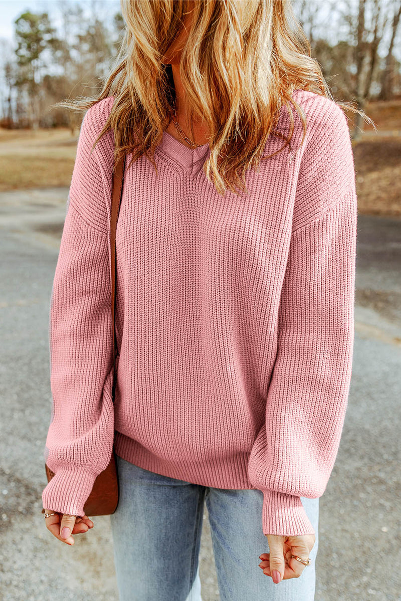 Pink V Neck Drop Shoulder Knitted Sweater