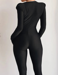 Mozision Deep V Neck Long Sleeve Skinny Jumpsuits Women Rompers Elegant Black High Waist Ruched Slim Sexy Jumpsuit Outfits