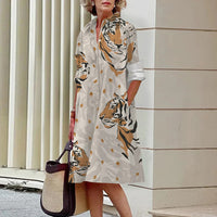 Floral Pattern Shirt Dress Elegant Women's Summer Casual Lapel Long Sleeve Midi Dress High Temperament Fashion Street Shirt