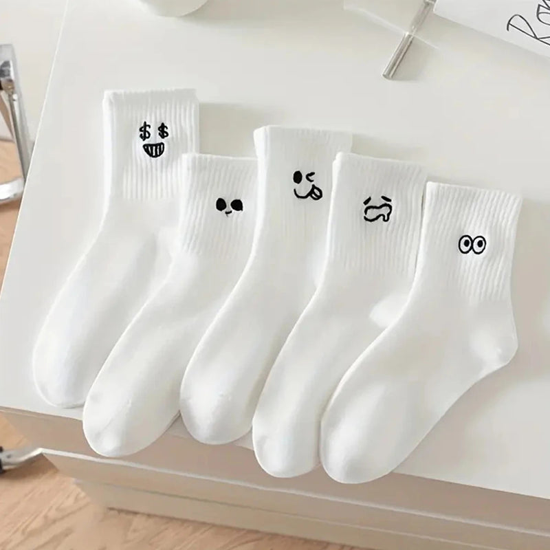 5/10 Pairs Women Cartoon Socks Round Mid Tube Fashionable Cute Expression Pattern Socks Casual Breathable Autumn Girls Socks