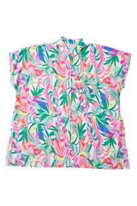 Multicolor Plant Print Button-up Half Sleeve Beach Cover Up